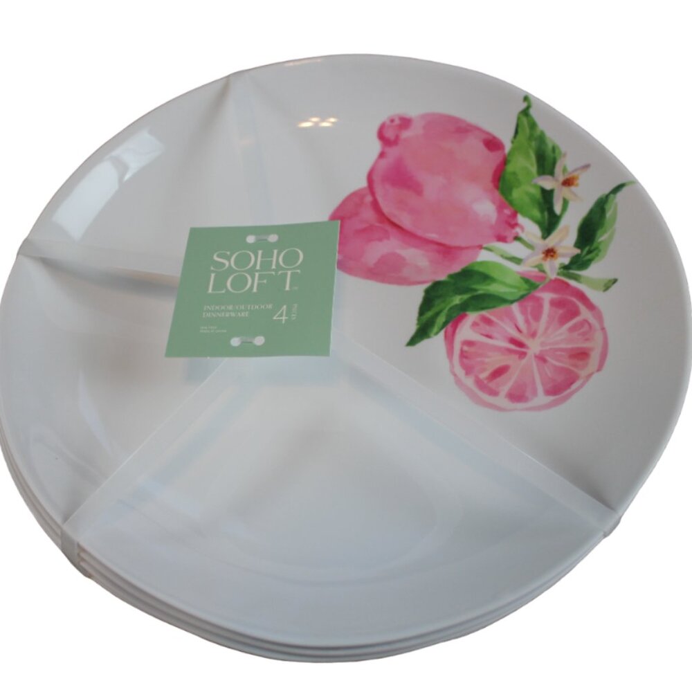 Soho Loft Plates White Pink Lemon Set of 4 Melamine 10.75" Dinner NWT Flaws